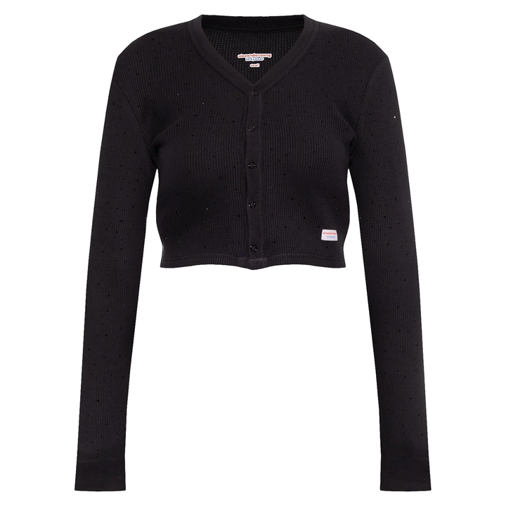 Crystal Hotfix Long-Sleeve Cardigan In Waffle Knit