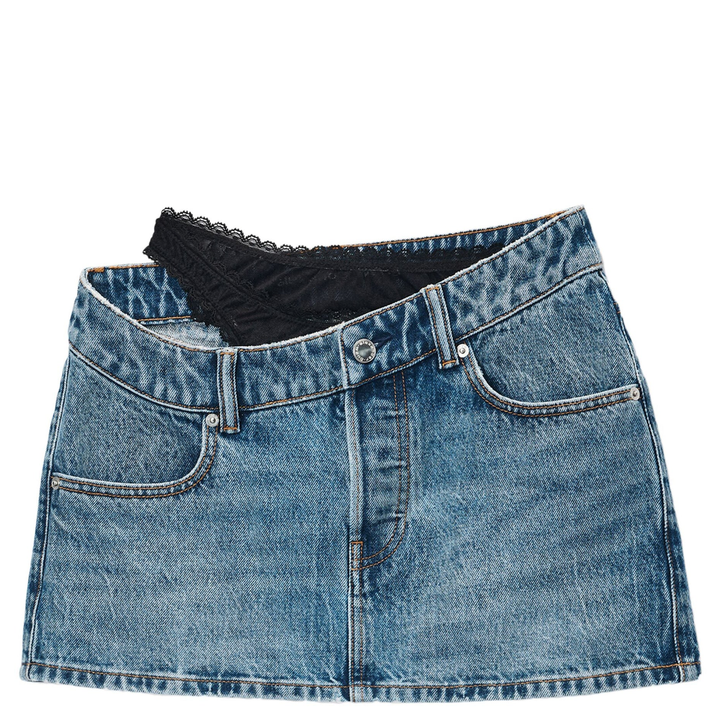 Pre-Styled Denim Skirt With Asymmetrical Lace Waistband