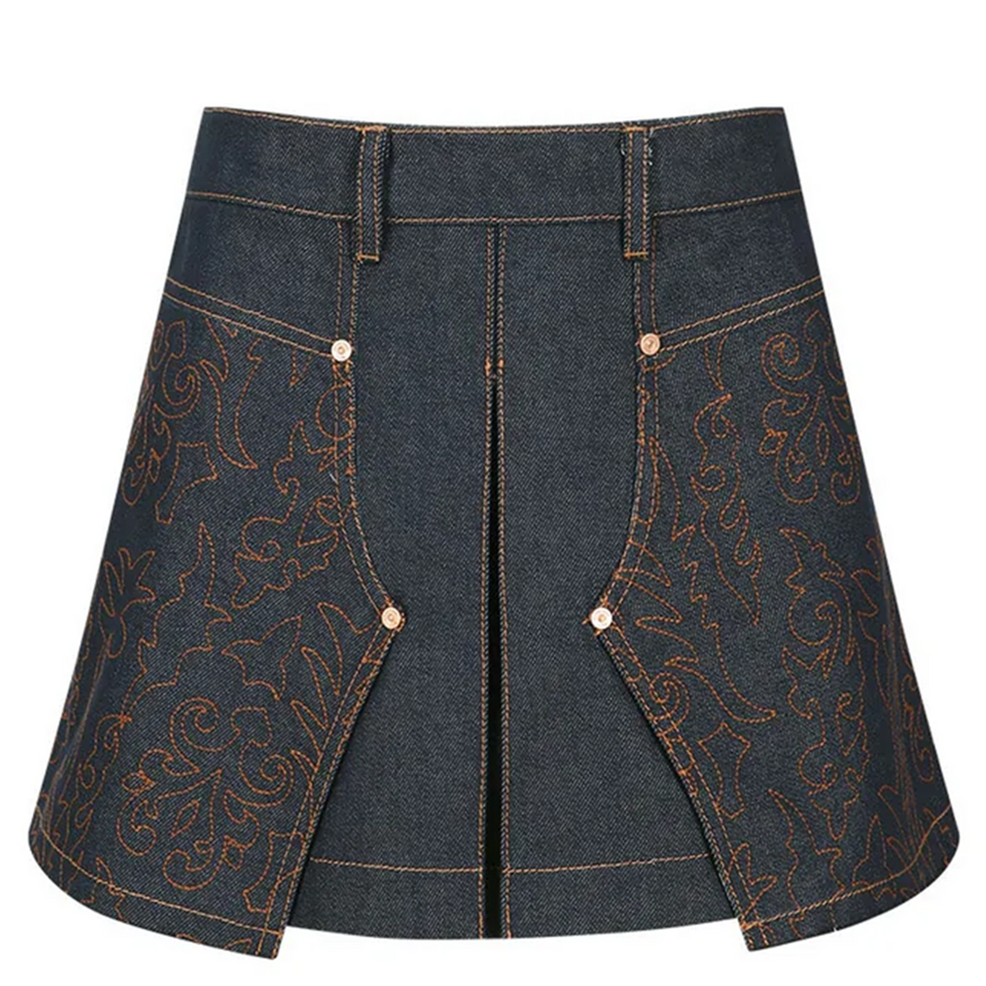 Embroidery Panel Pleated Denim Skirt