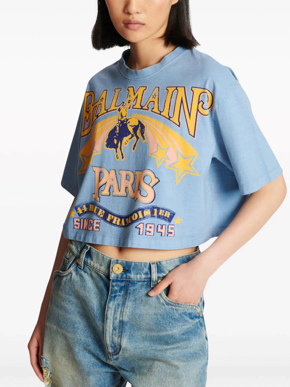 Balmain-Balmain-Western-Print-Cropped-Tee-Blue-6