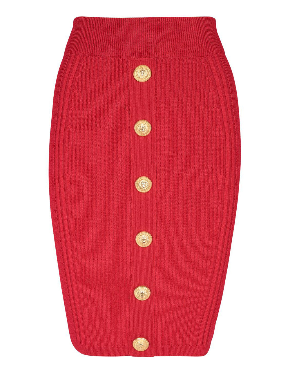     Balmain-Buttoned-Knit-Knee-Length-Skirt-Red-1