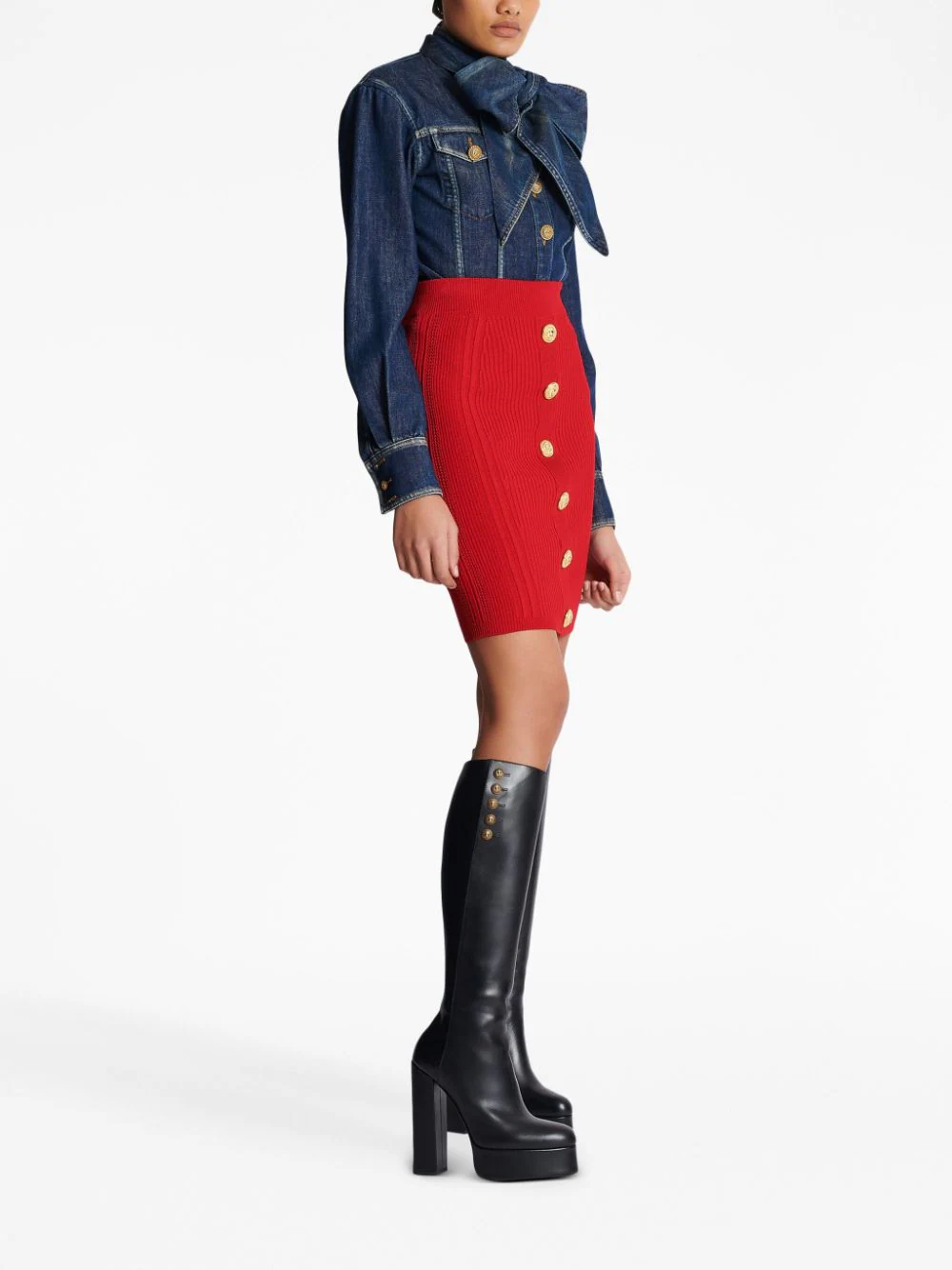 Balmain-Buttoned-Knit-Knee-Length-Skirt-Red-3