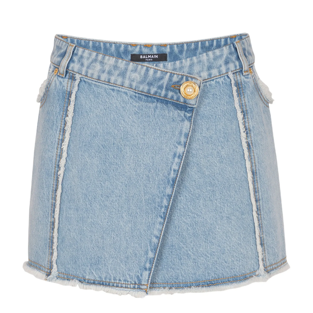 4 Pockets Asymmetric Raw Edge Denim Skirt