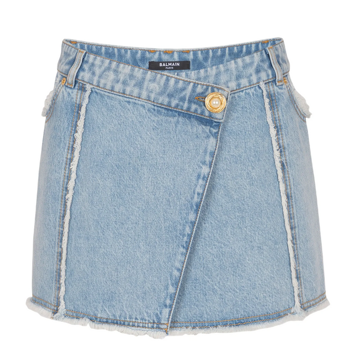 4 Pockets Asymmetric Raw Edge Denim Skirt