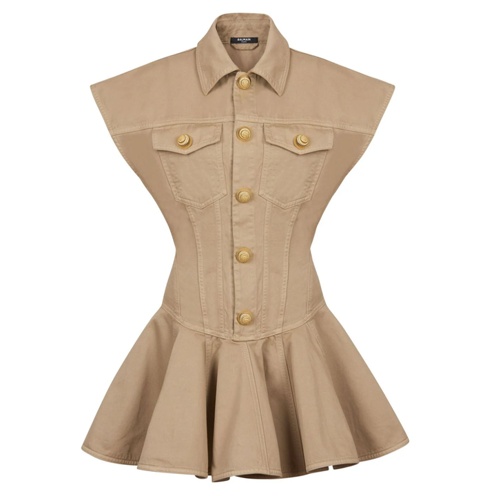 Balmain_Cotton_Canvas_Flare_Short_Dress-beige