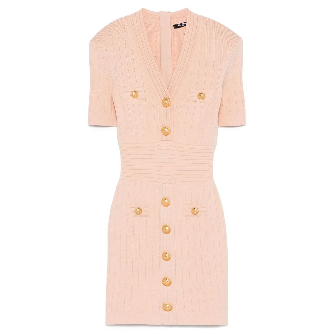 V Neck Button Short Knit Dress