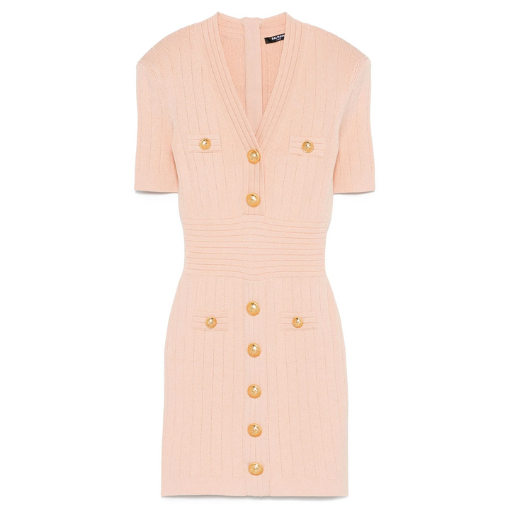 V Neck Button Short Knit Dress
