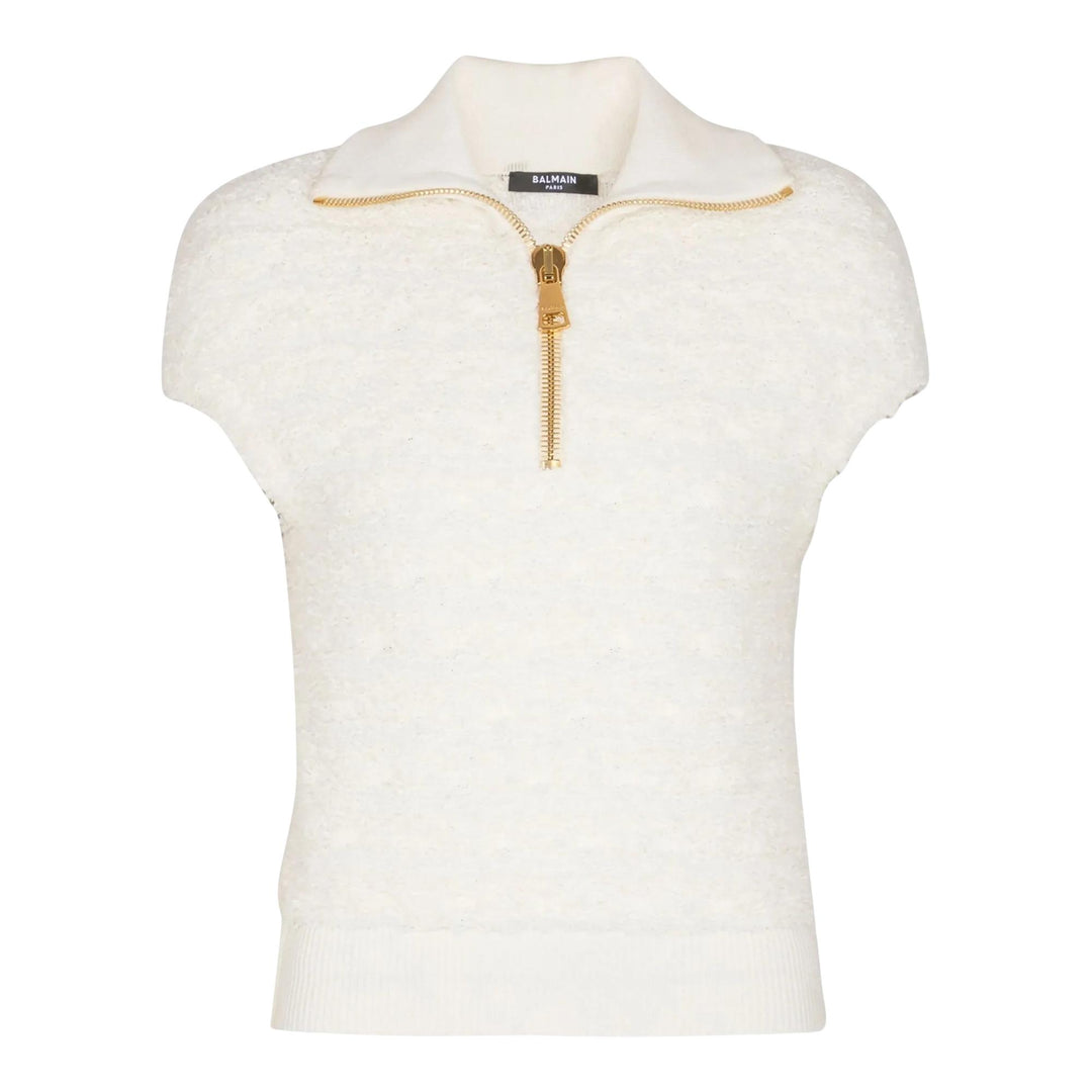 Club21 - Balmain - Zipped Short Sleeve Knit Tweed Top - KNIT TOPS - Off-White