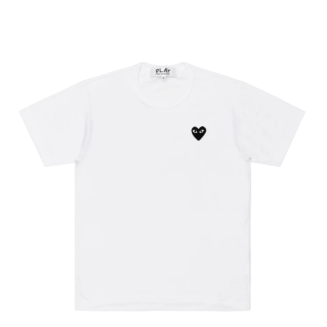 Comme des Garçons PLAY white short sleeve crew neck tee with black embroidered heart logo at the chest