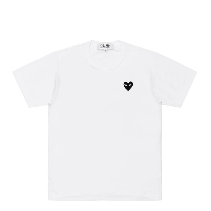 Comme des Garçons PLAY white short sleeve crew neck tee with black embroidered heart logo at the chest