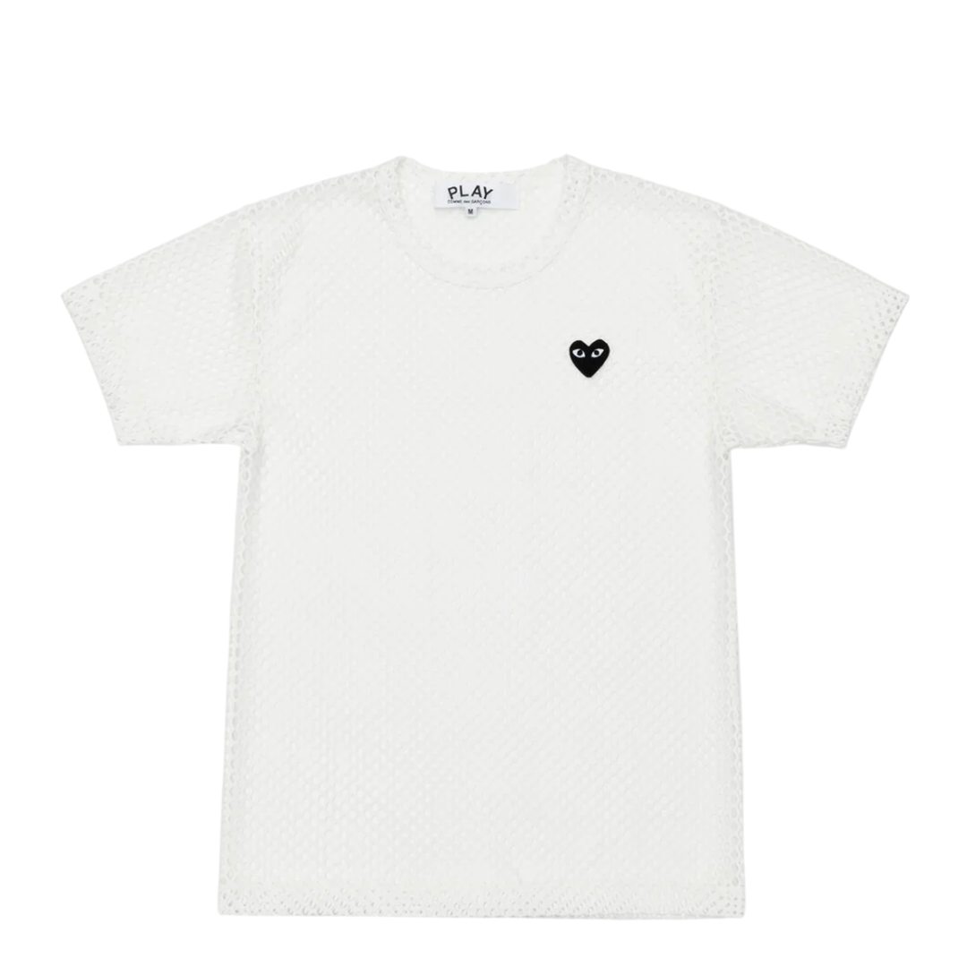 Comme des Garçons PLAY Black Heart T-Shirt in white with embroidered black heart logo on chest, unisex crew neck short sleeve tee
