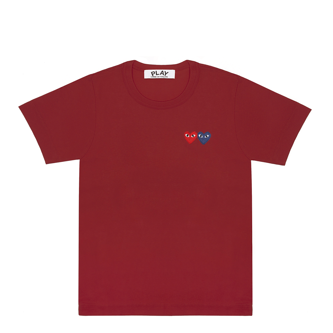 Comme des Garçons PLAY Double Heart Tee in black with twin red embroidered heart logos on the chest, unisex fit, flat lay view