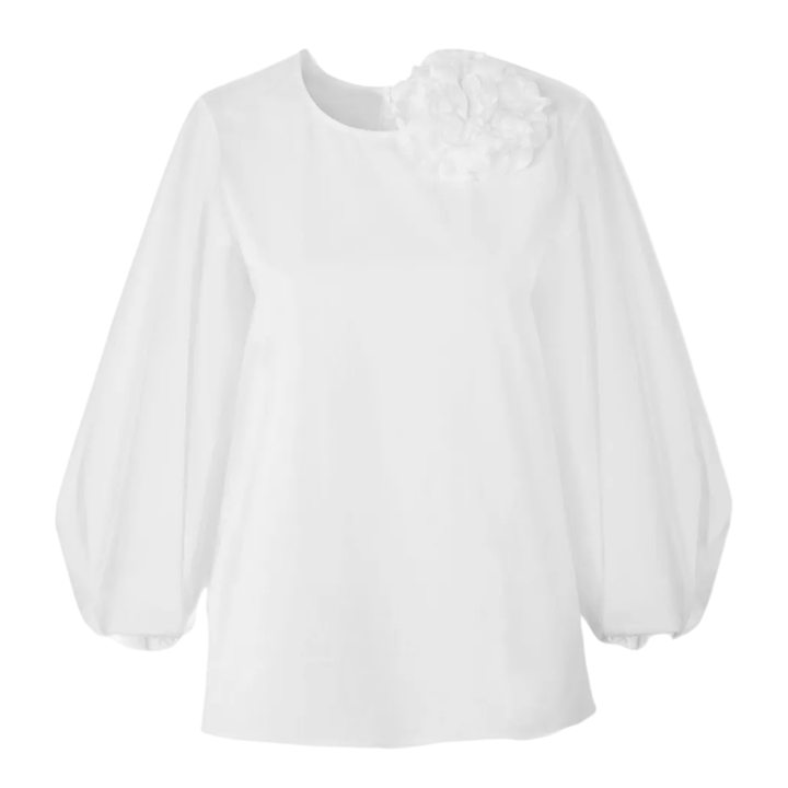 Puff Sleeve Crewneck Top With Flower