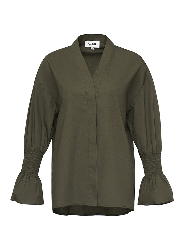 Club21-Collection-Silky-Cotton-Poplin-Frill-Blouse-Olive-1