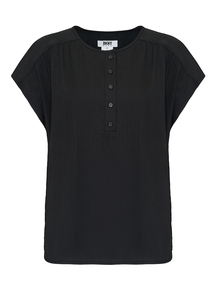 DKNY-Crinkle-Poly-Henley-Blouse-Black-1