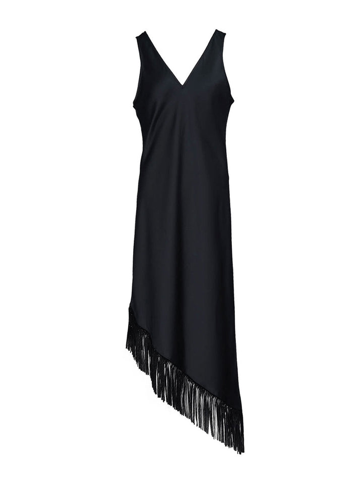     DKNY-Silky-Satin-Fringe-V-Neck-Dress-Black-1