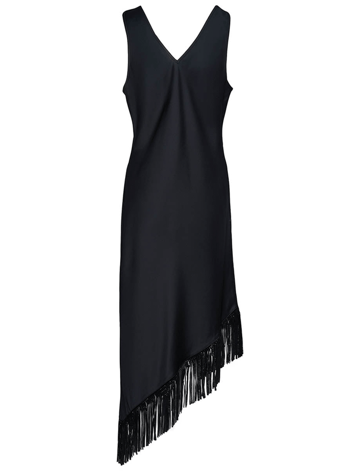 DKNY-Silky-Satin-Fringe-V-Neck-Dress-Black-2