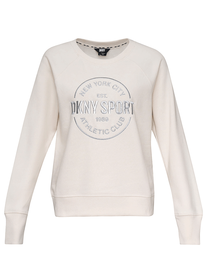 DKNY-Sport-Logo-Fleece-Lurex-Athletic-Medallion-Raglan-Crew-Neck-Pullover-Beige-1