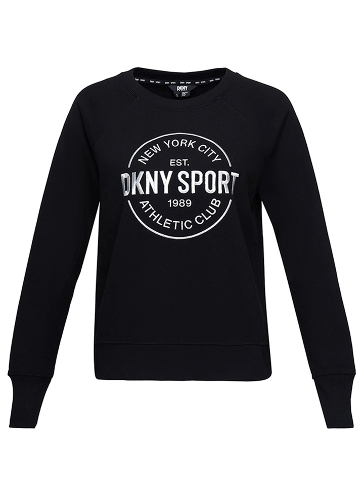 DKNY-Sport-Logo-Fleece-Lurex-Athletic-Medallion-Raglan-Crew-Neck-Pullover-Black-1