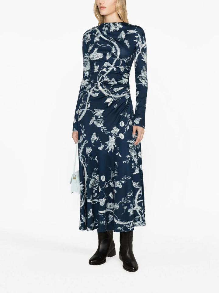 Erdem-Long-Sleeve-Dress-With-Drawstring-Indigo-2