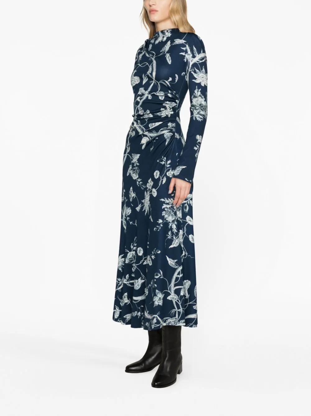 Erdem-Long-Sleeve-Dress-With-Drawstring-Indigo-4