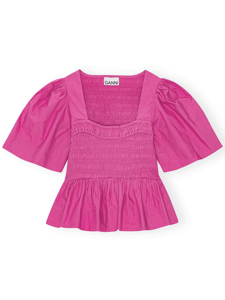 GANNI-Cotton-Poplin-Open-Neck-Smock-Blouse-Pink-1