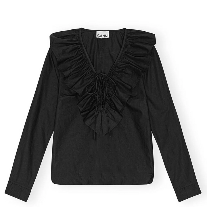 Cotton Poplin Ruffle V-Neck Blouse