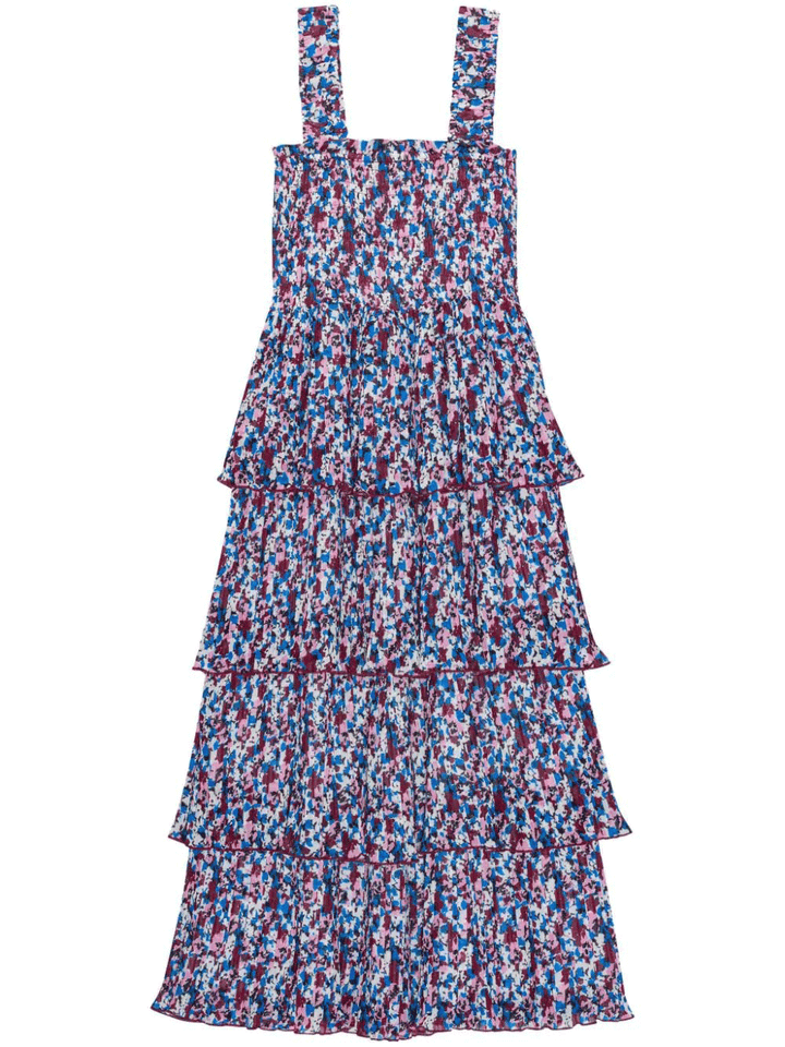 pleated georgette flounce smock midi dress Ganni PLEATED GEORGETTE FLOUNCE SMOCK MIDI DRESS