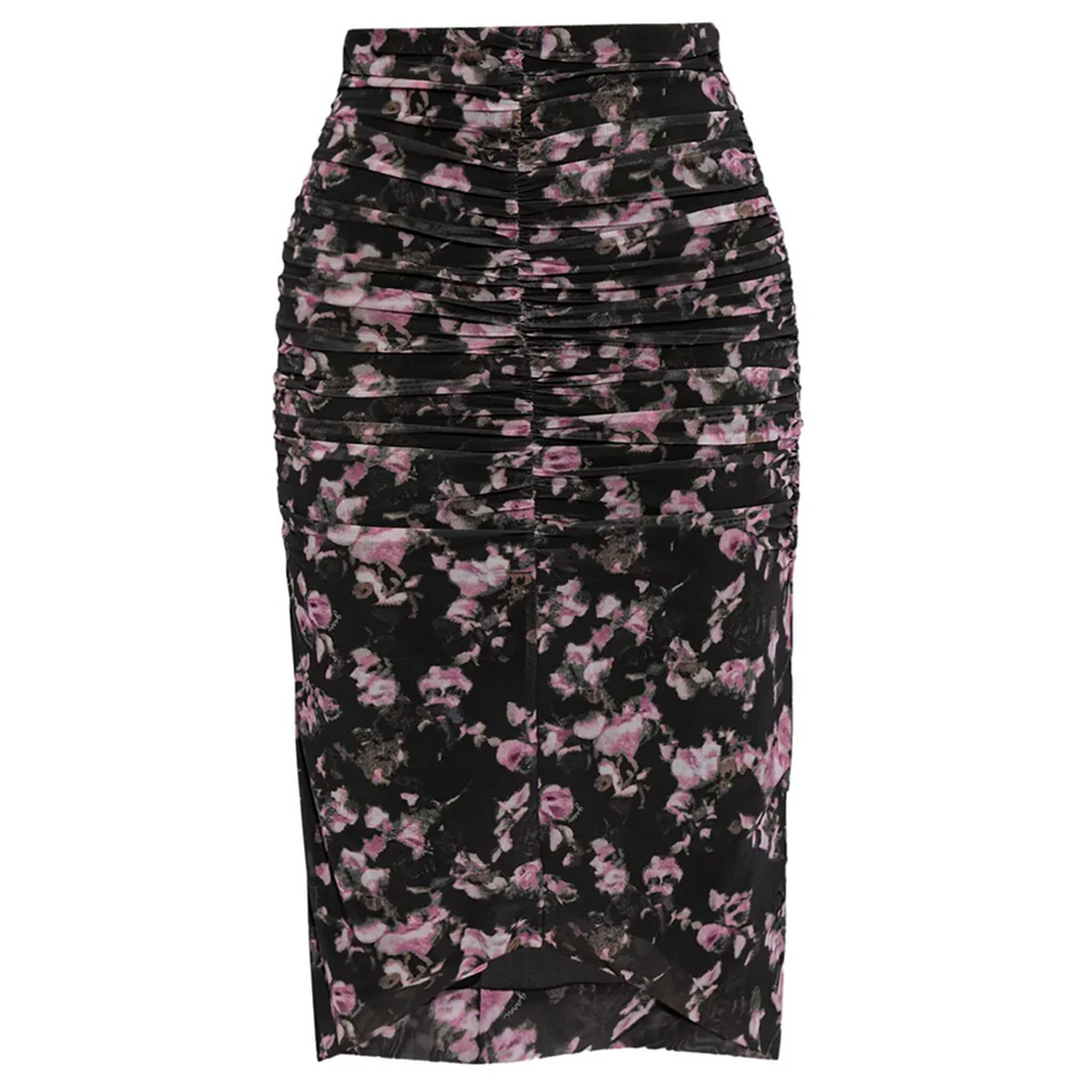 Printed Mesh Ruched Midi Skirt