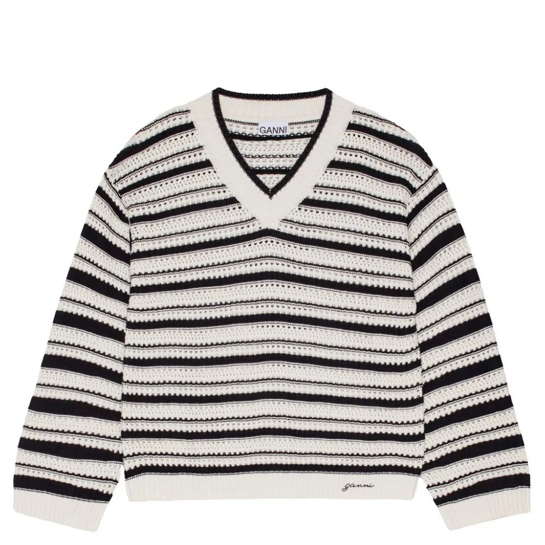 Striped Cotton Pointelle V-Neck Sweater