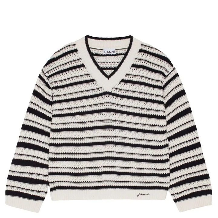 Striped Cotton Pointelle V-Neck Sweater