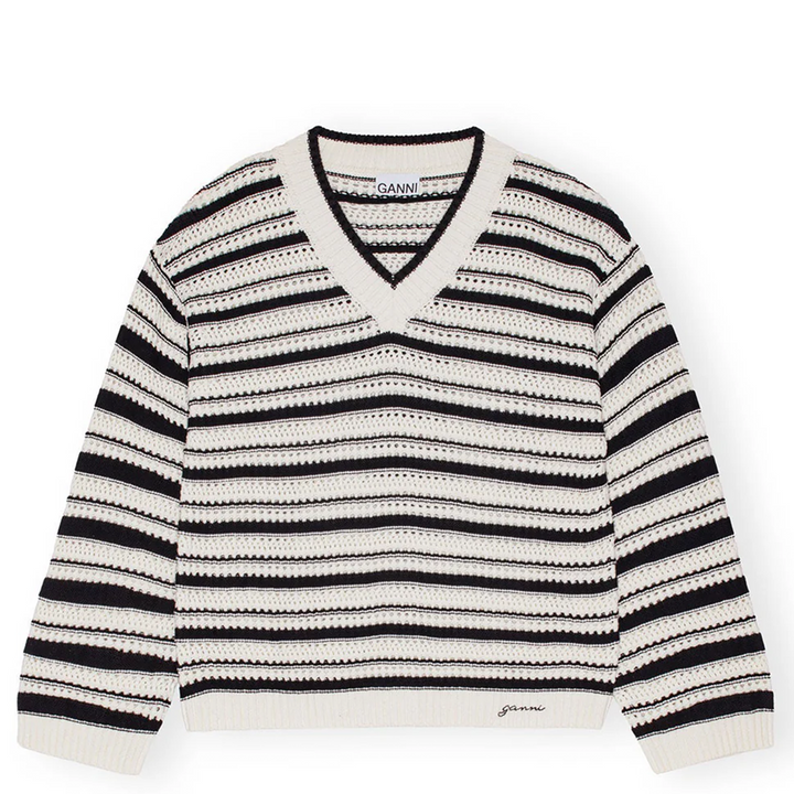 Striped Cotton Pointelle V-Neck Sweatshirt