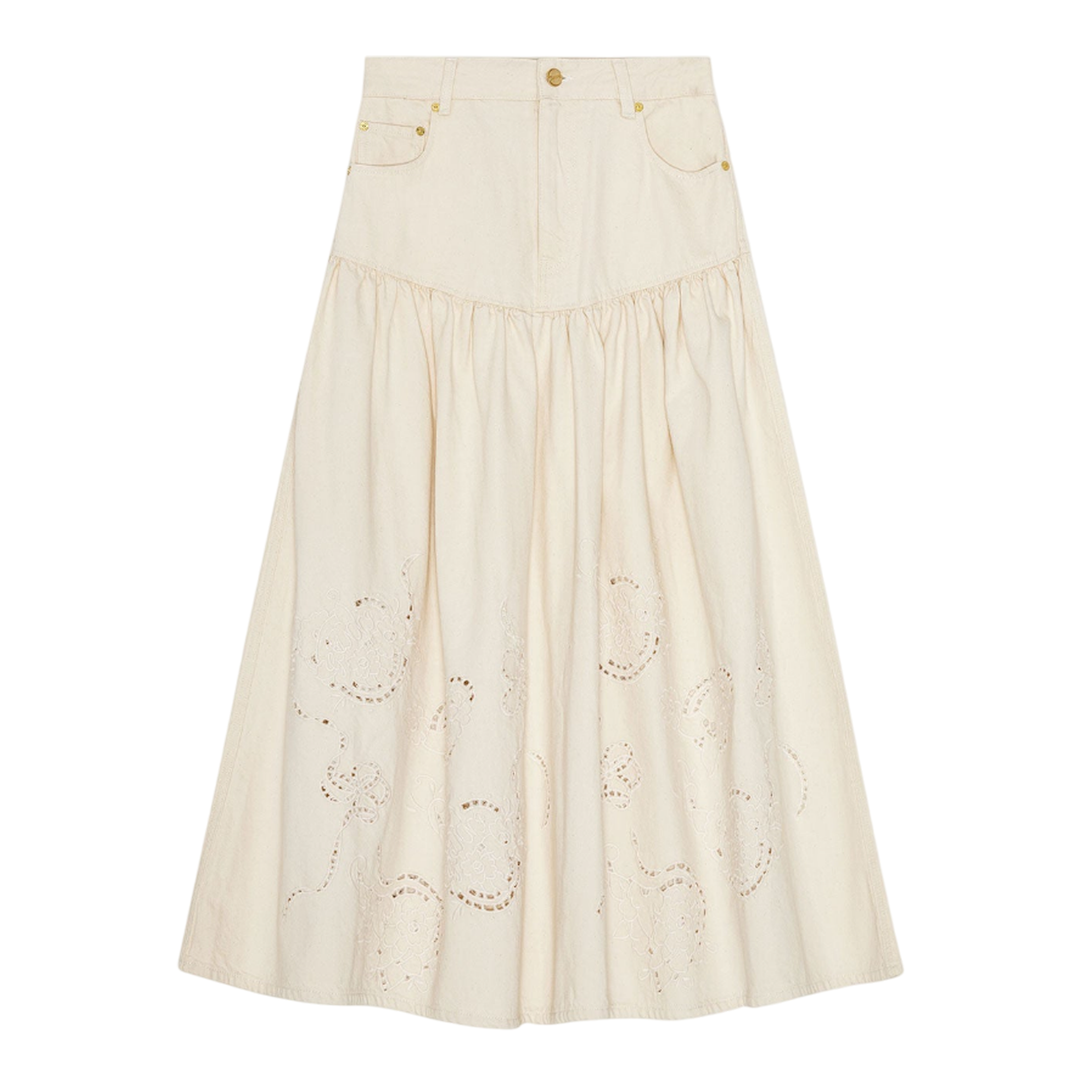 Broderie Anglaise Denim Long Skirt