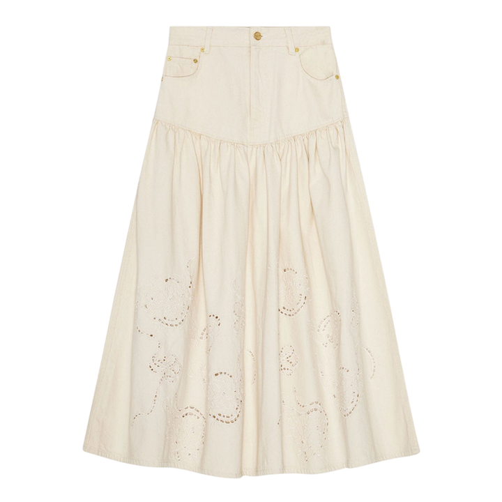 Broderie Anglaise Denim Long Skirt