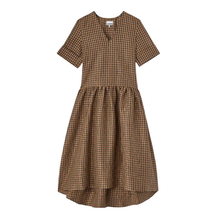 Crinkled Taffeta Check Long Dress