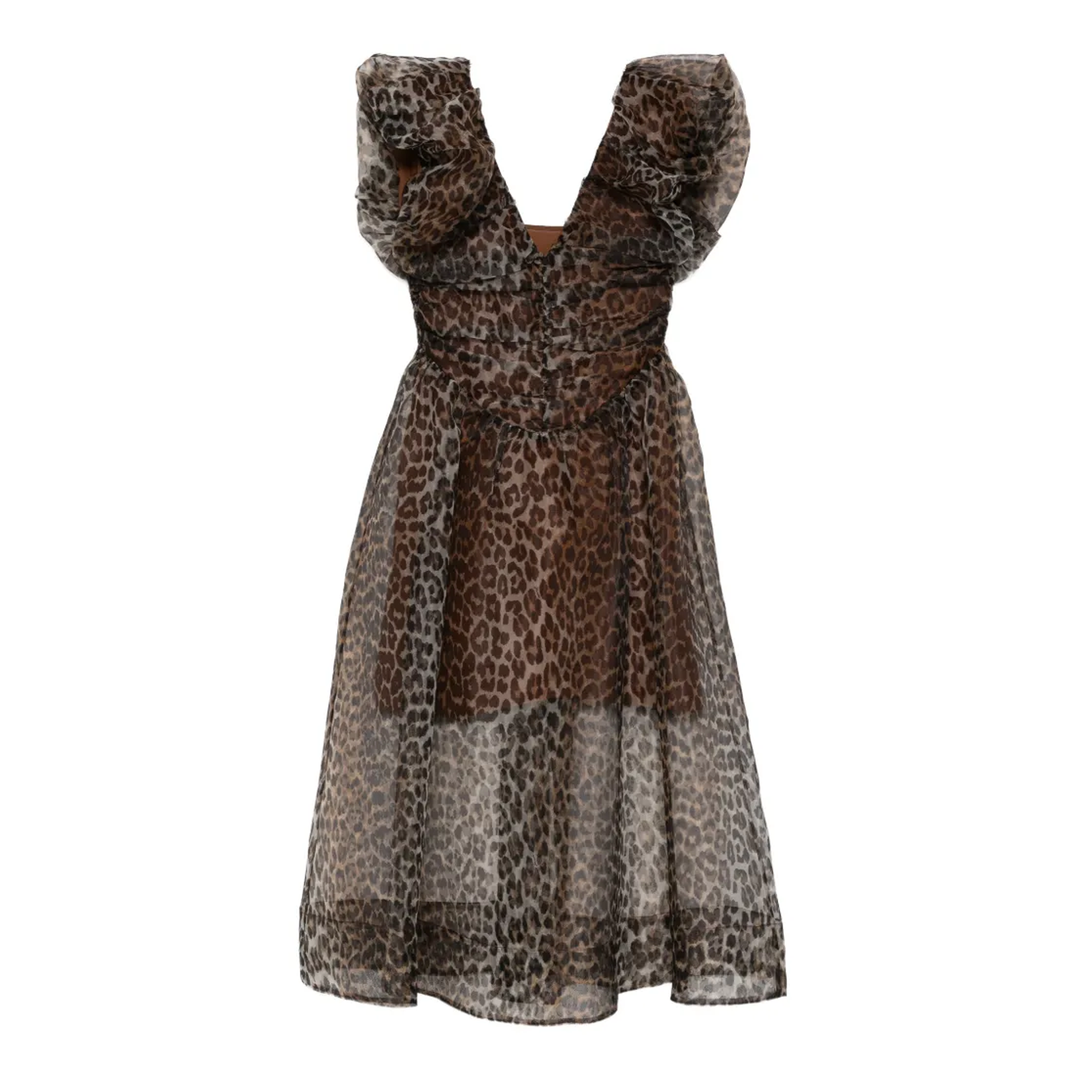 Printed Textured Organza Long Dress