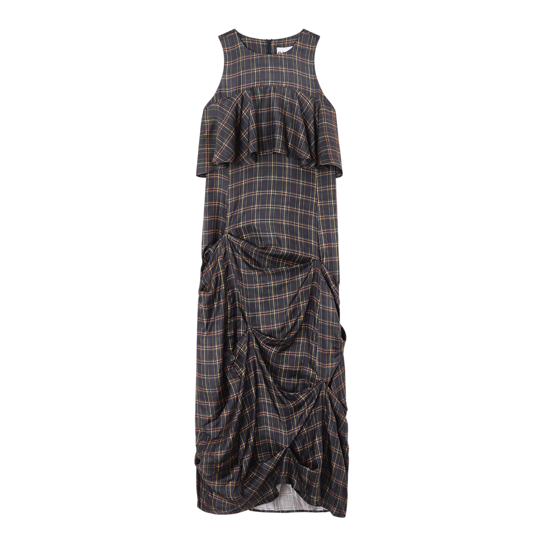 Silk Twill Long Ruffle Dress
