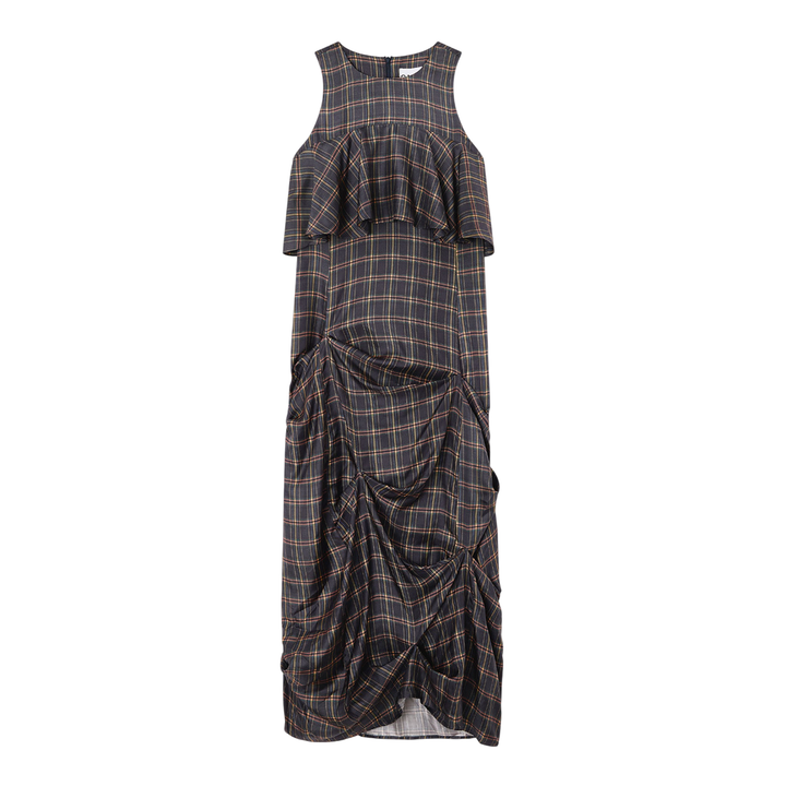 Silk Twill Long Ruffle Dress