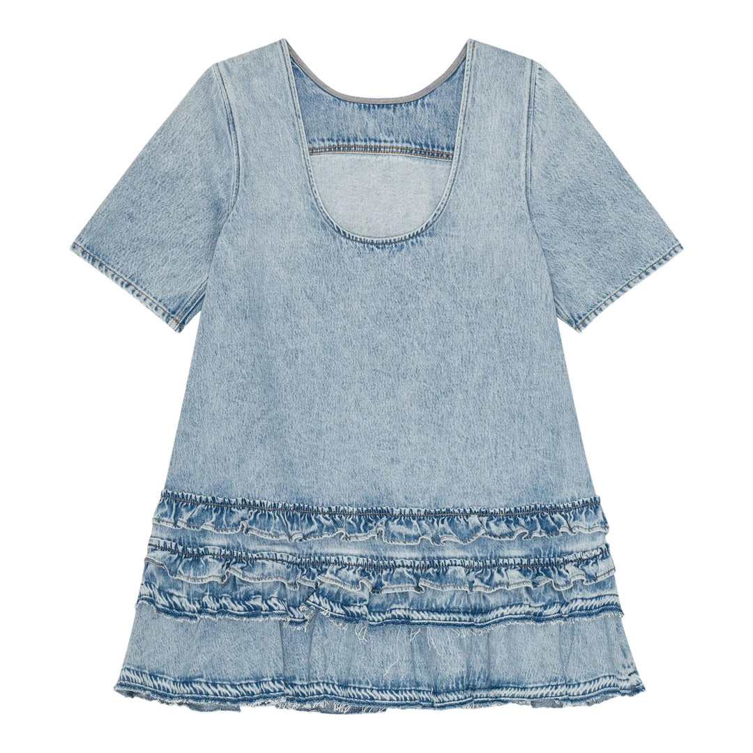 Club21 - GANNI - Soft Rigid Denim Open Back Frill Mini Dress - WOVEN DRESSES - Denim