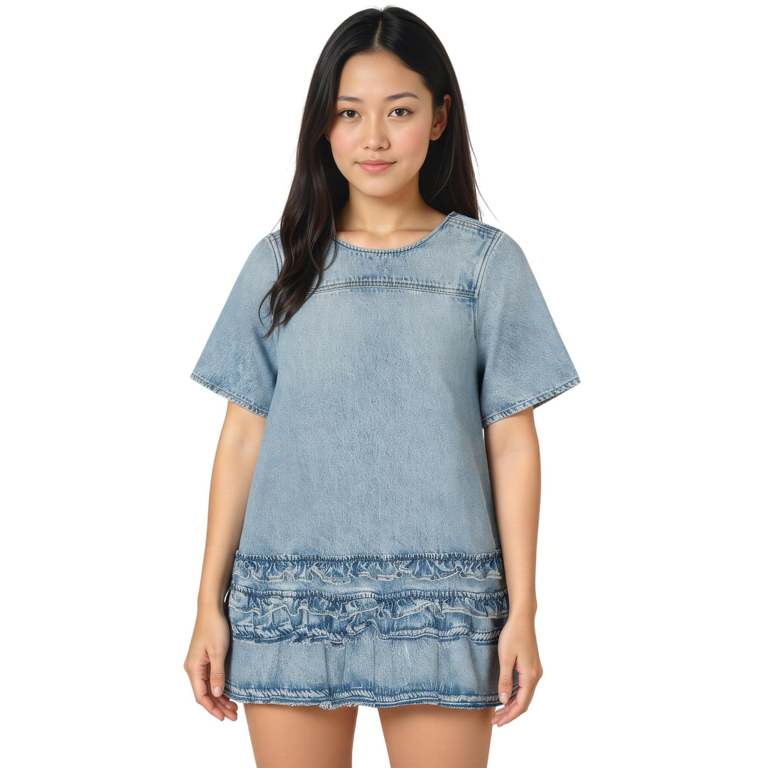 Club21 - GANNI - Soft Rigid Denim Open Back Frill Mini Dress - WOVEN DRESSES - Denim