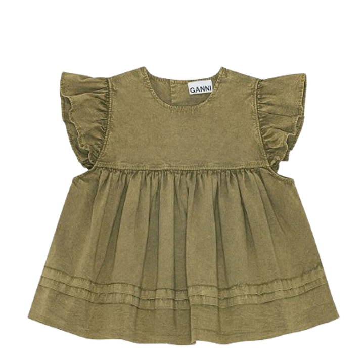 Washed Stretch Cotton Frill Sleeve Top