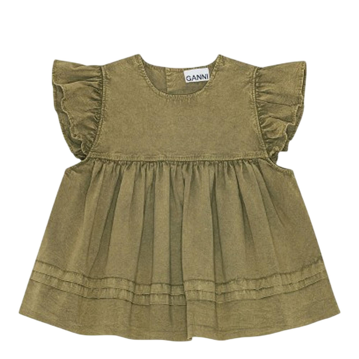 ウォッシュドストレッチコットンフリルスリーブトップ