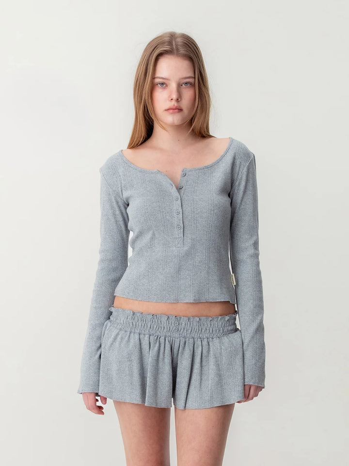 Glowny Honey Eyelet Button Long Sleeve Top in heather grey ribbed knit with tonal button placket and scoop neckline