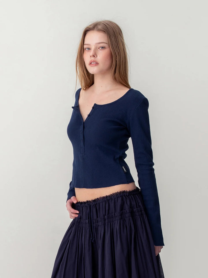Glowny Honey Eyelet Button Long Sleeve Top in heather grey ribbed knit with tonal button placket and scoop neckline