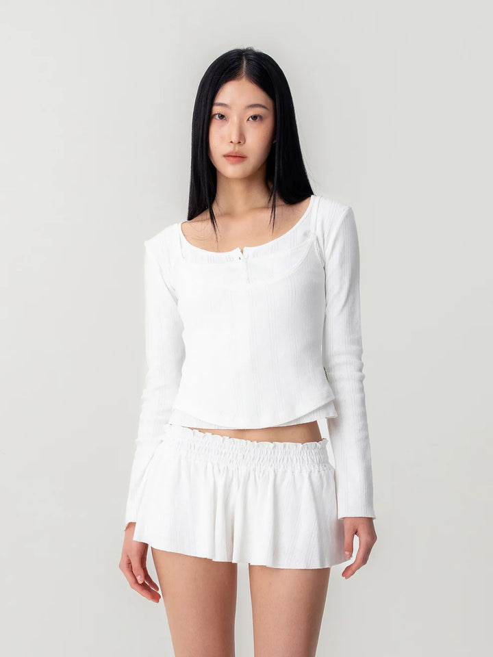 Glowny Honey Eyelet Button Long Sleeve Top in heather grey ribbed knit with tonal button placket and scoop neckline