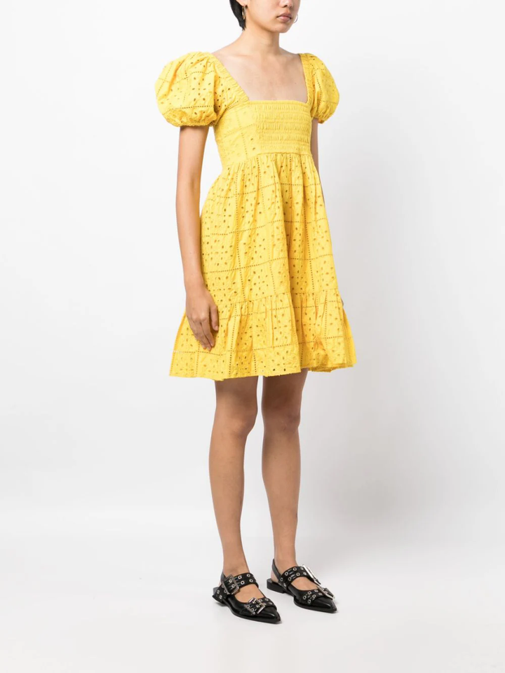 Ganni-Broderie-Anglaise-Mini-Dress-Yellow-3