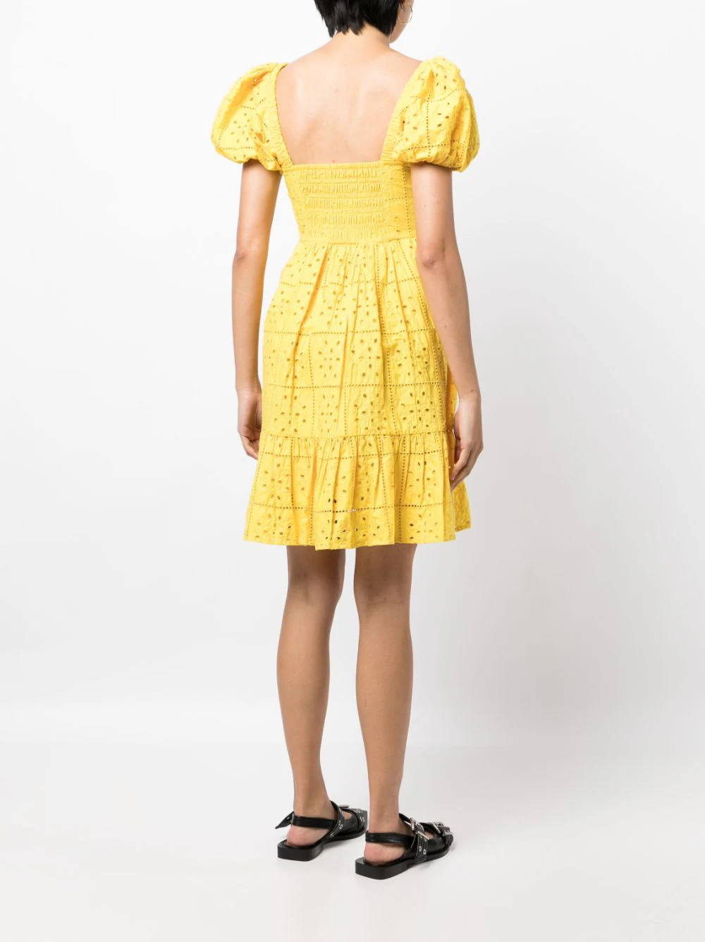 Ganni-Broderie-Anglaise-Mini-Dress-Yellow-4