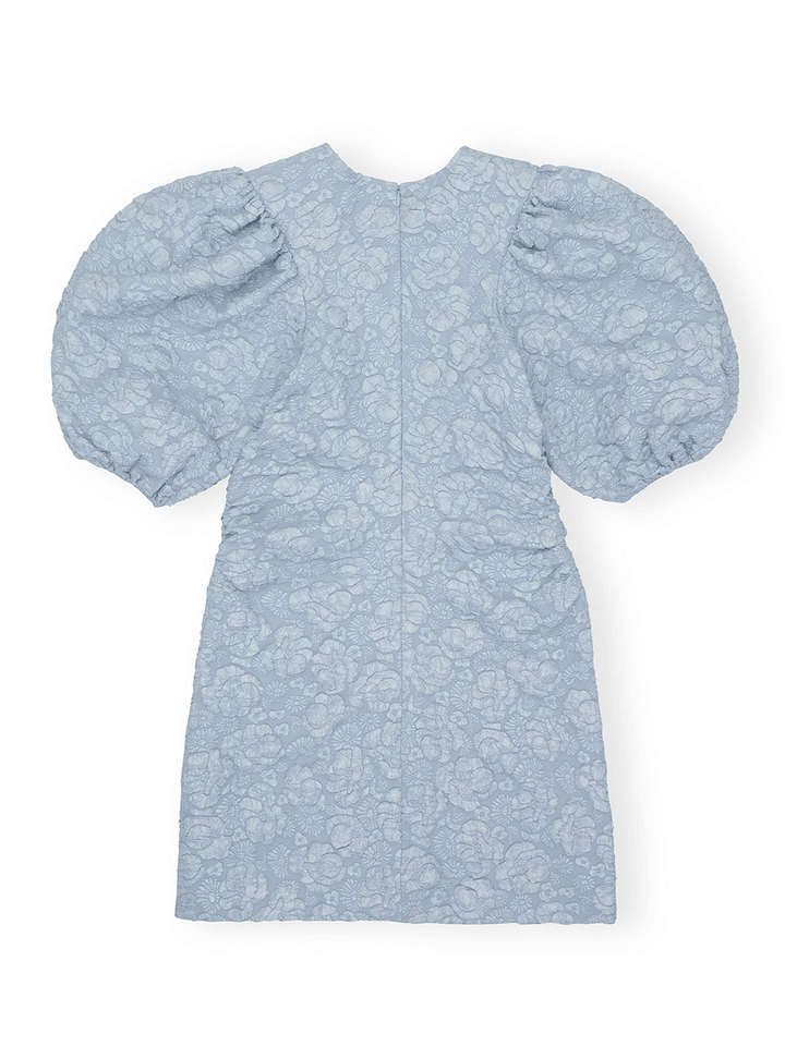 Ganni-Stretch-Jacquard-Puff-Sleeves-Dress-Blue-2