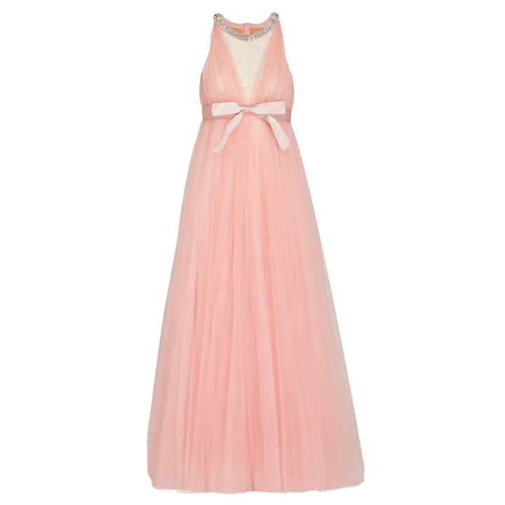 Quartz Rose Long Tulle Dress With Jewels