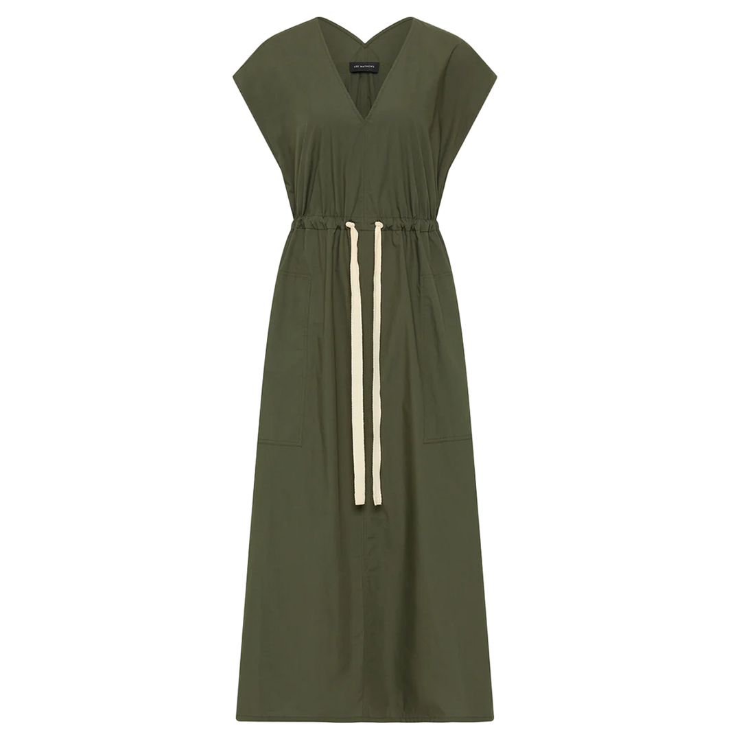 LeeMathews_PoplinVNeckDress-Olive